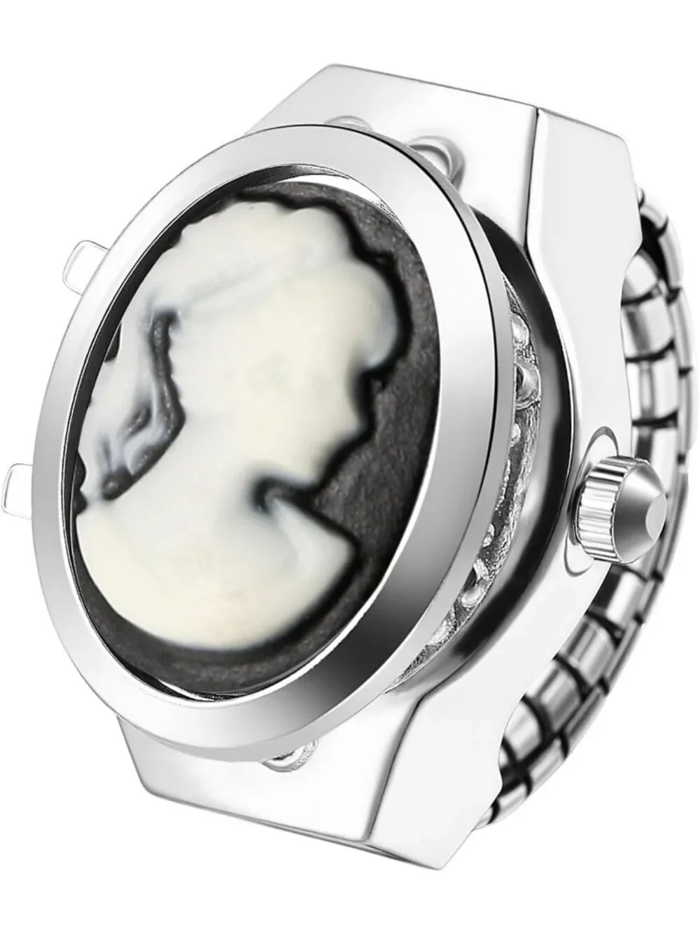 Unisex White Analog Quartz Flip Cover Stainless Steel Stretchy Finger Ring Watch